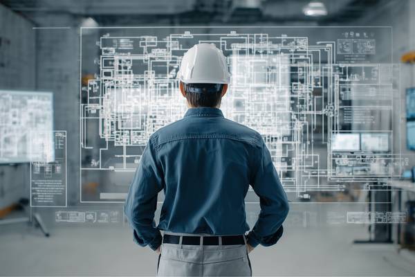Ingegnere consulta fascicolo tecnico macchine durante verifica conformità CE