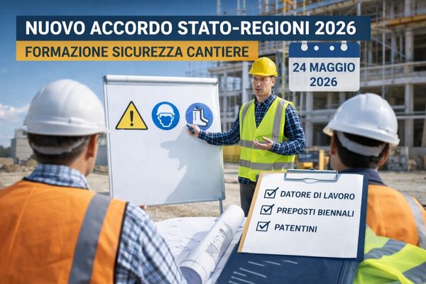 Operai in cantiere con DPI durante sessione di formazione sulla sicurezza secondo nuovo Accordo Stato Regioni