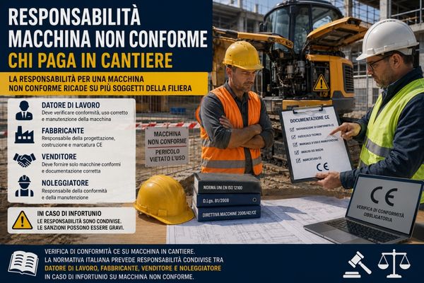 Ispezione macchina non conforme in cantiere con verifica documentazione CE e responsabilita del datore di lavoro