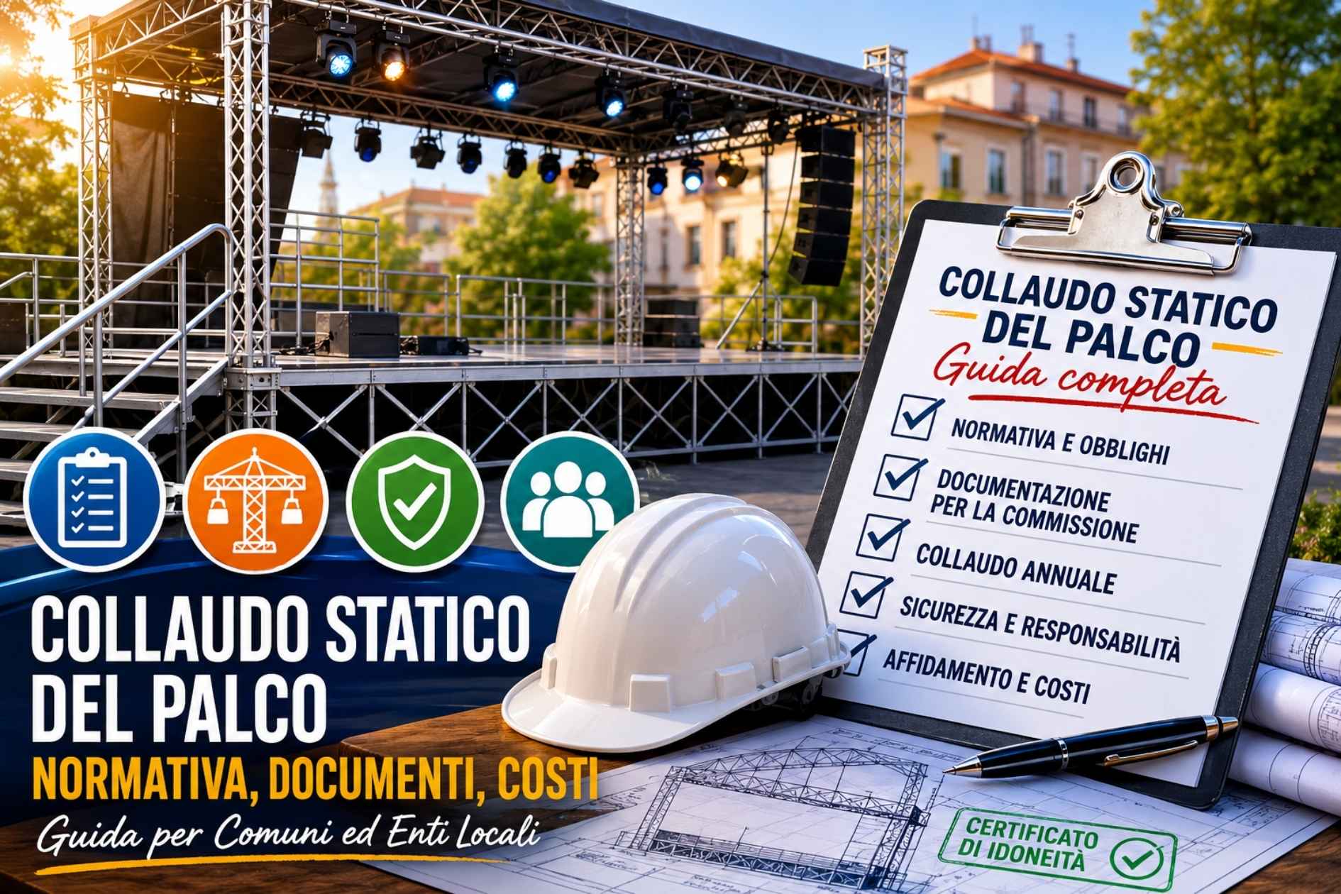 Palco modulare allestito in piazza per evento comunale con ingegnere che esegue il collaudo statico della struttura
