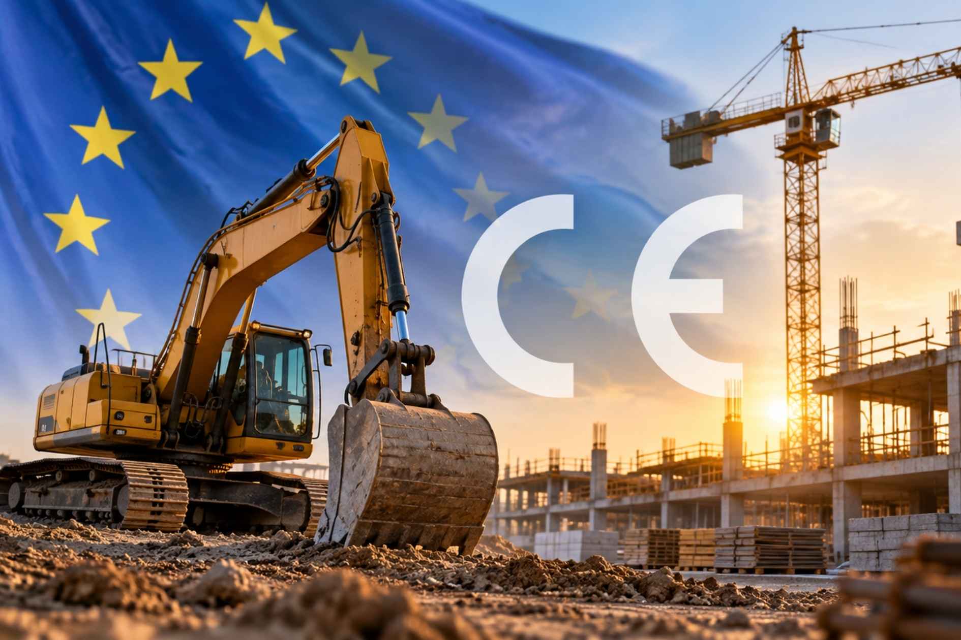 Escavatore e gru in cantiere con simbolo CE — il nuovo regolamento macchine UE 2023/1230 entra in vigore nel 2027